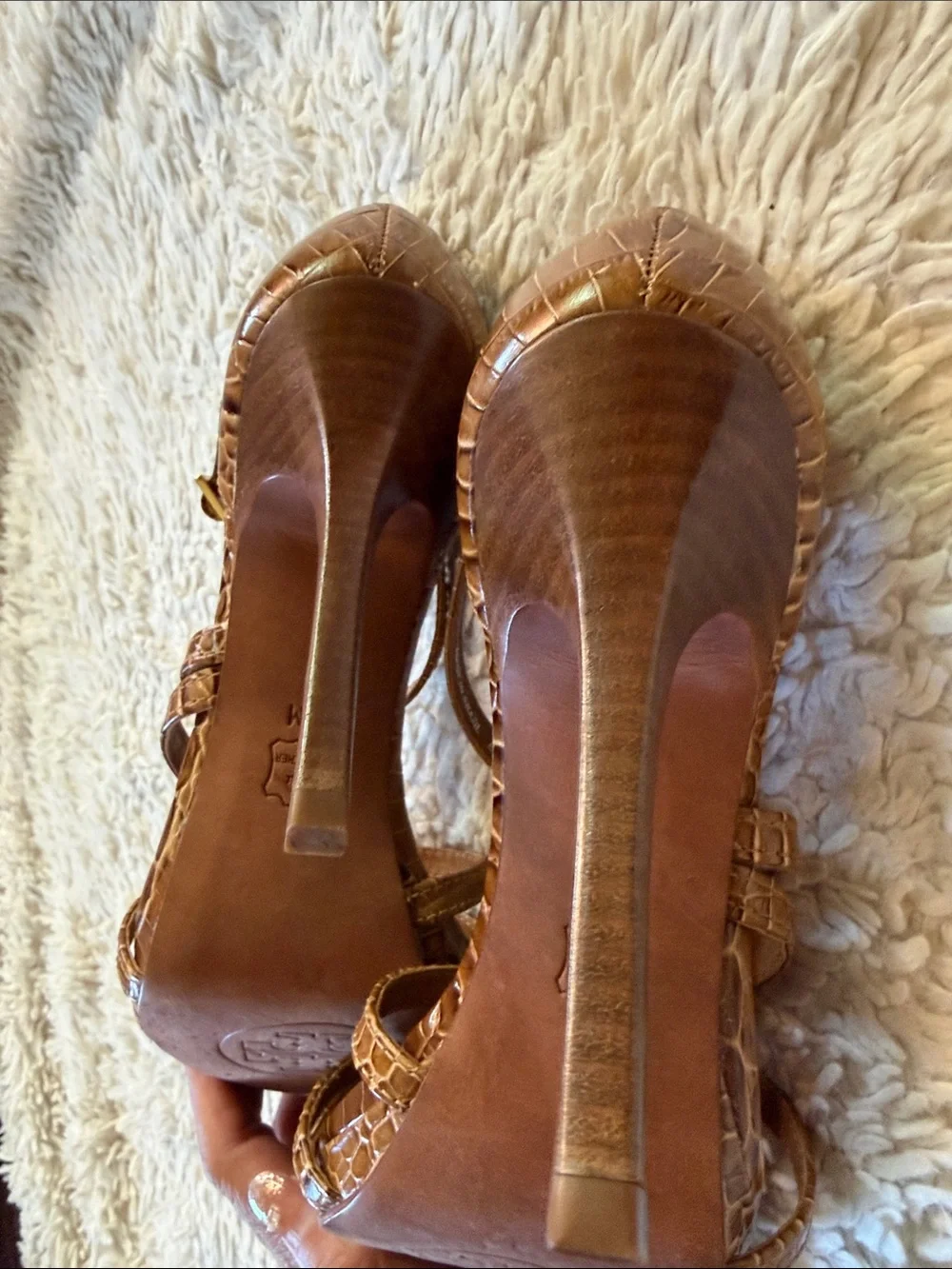 Tory Burch Cognac Croc-Embossed Strappy Heels size 8M